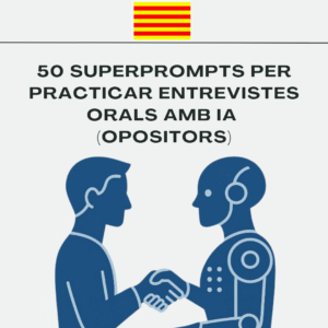 Portada del recurs en català “50 superprompts per preparar entrevistes orals d’oposicions amb IA”, ideal per entrenar amb seguretat i estratègia.